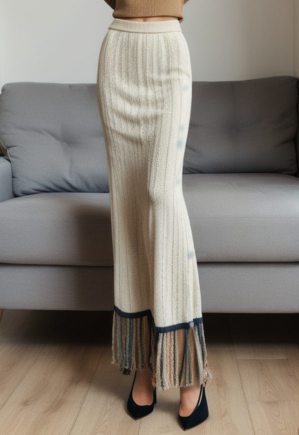Fringed Crochet Hollow Knit Long Skirt
